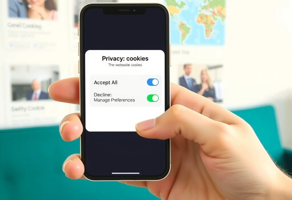 O mână care ține un smartphone, afișând setările de confidențialitate pentru cookie-uri