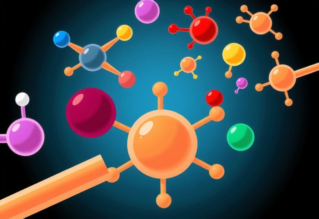 O imagine stilizată a unor molecule și celule, reprezentând concepte de nutriție și sănătate