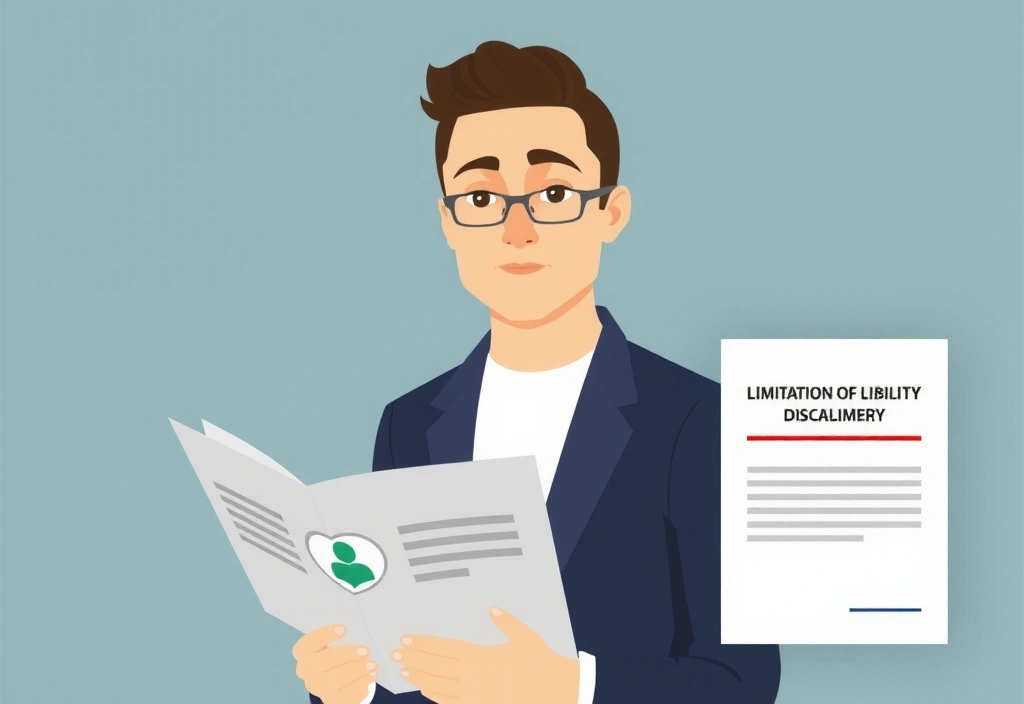 Ilustrație cu o persoană care citește un document legal, simbolizând limitarea responsabilității și excluderea garanțiilor